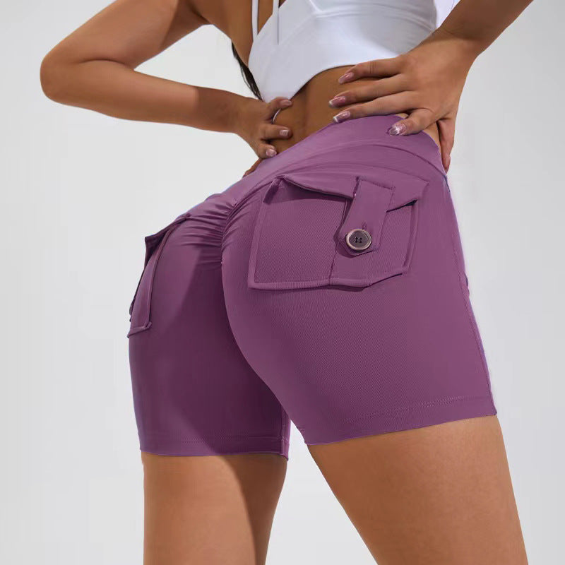 Hohe Taille Hüftheben Shorts mit Taschen Quick Dry Yoga Fitness Sport Hosen Sommer Frauen Kleidung