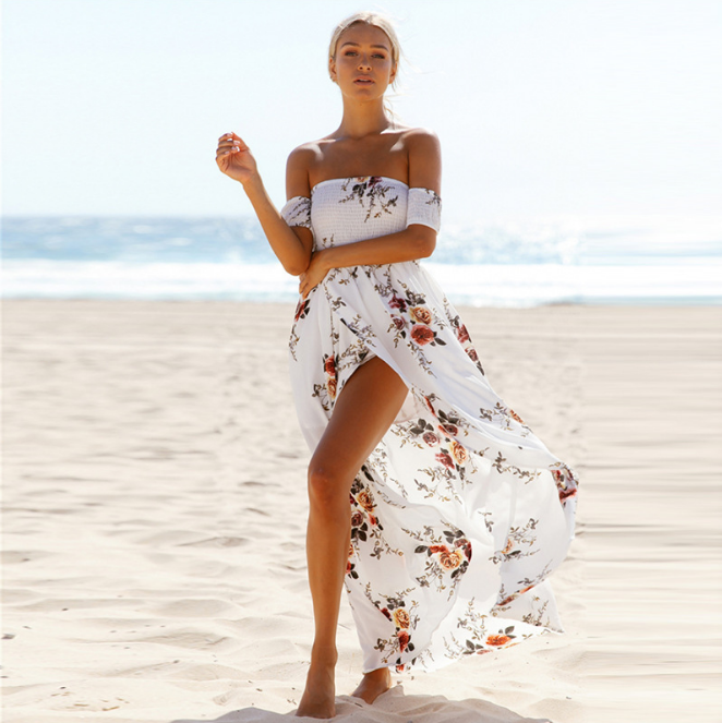 Langes Kleid im Boho-Stil für Damen, schulterfreie Strand-Sommerkleider 