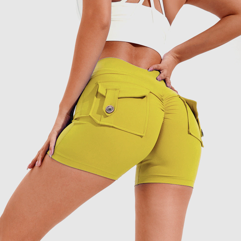 Hohe Taille Hüftheben Shorts mit Taschen Quick Dry Yoga Fitness Sport Hosen Sommer Frauen Kleidung