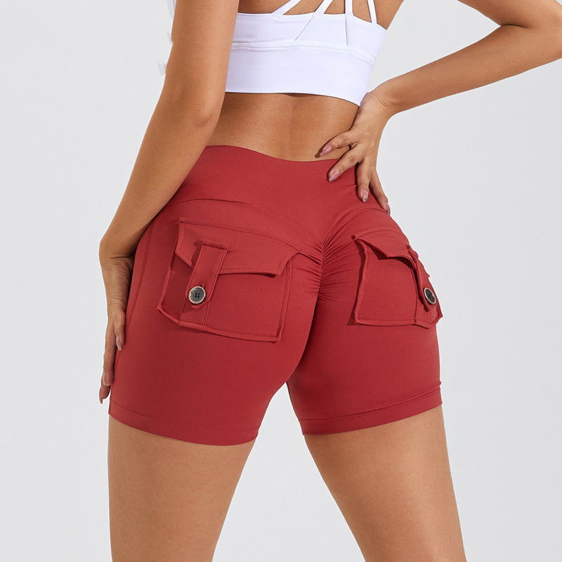 Hohe Taille Hüftheben Shorts mit Taschen Quick Dry Yoga Fitness Sport Hosen Sommer Frauen Kleidung