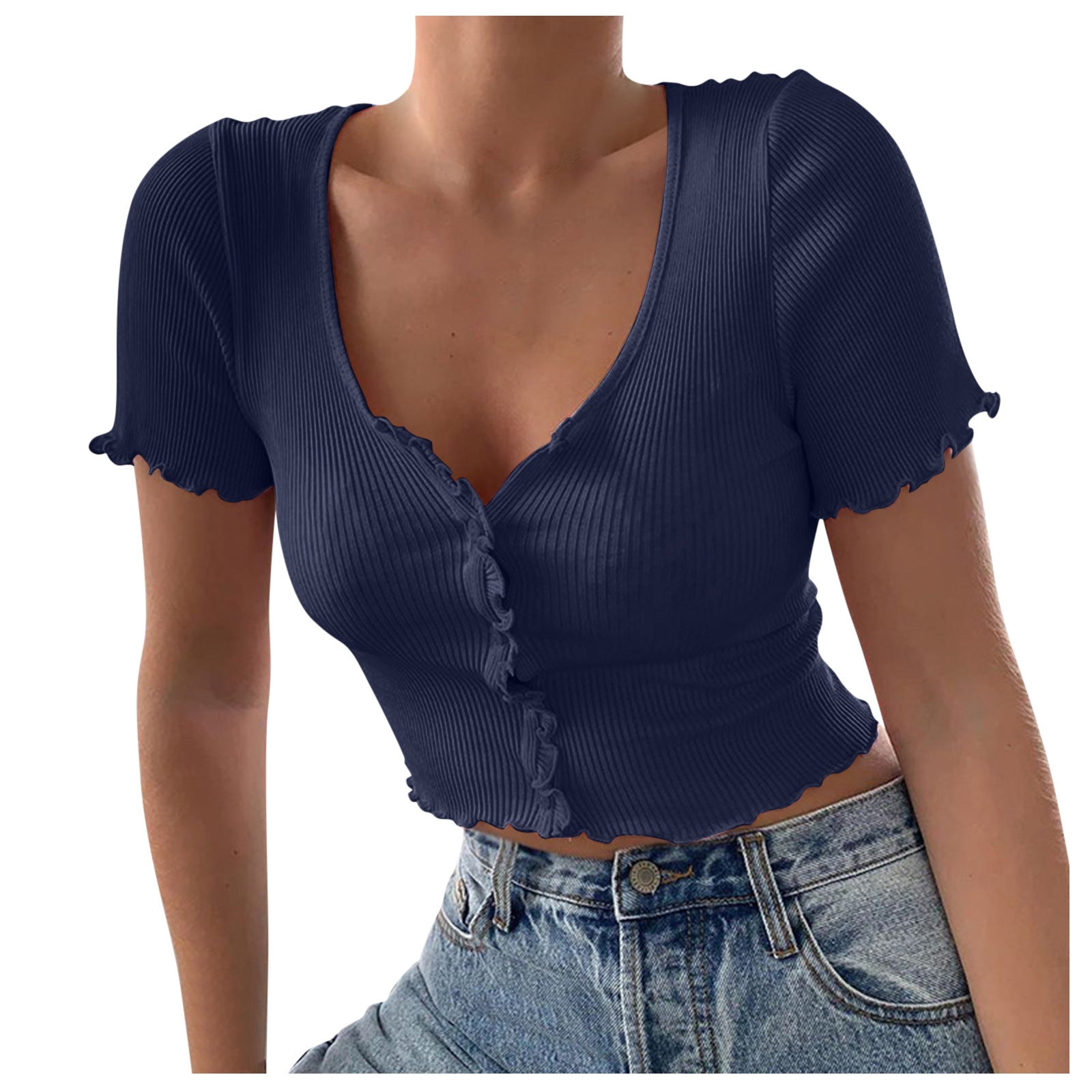 V-Ausschnitt Rüschen Kurzarm T-Shirt Damen Sommer Casual Button Crop Top Basic Blau T-Shirt Tops