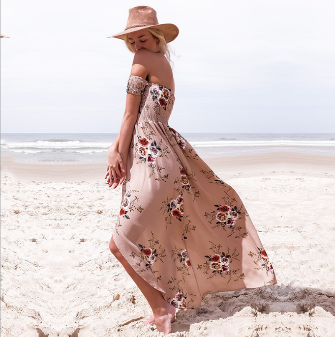 Langes Kleid im Boho-Stil für Damen, schulterfreie Strand-Sommerkleider 