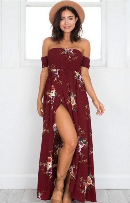 Langes Kleid im Boho-Stil für Damen, schulterfreie Strand-Sommerkleider 