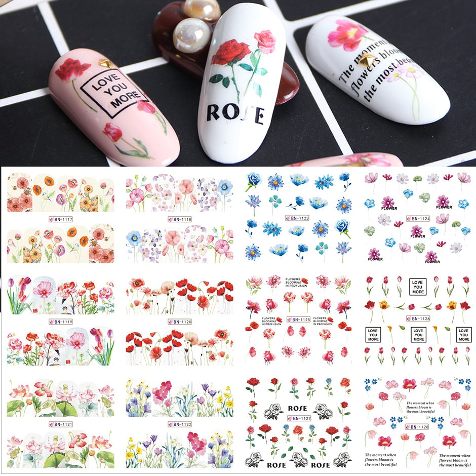 12pcs Valentines Manicure Love Letter Flower Sliders for Nails Inscriptions Nail Art Decoration Water Sticker Tips GLBN1489-1500