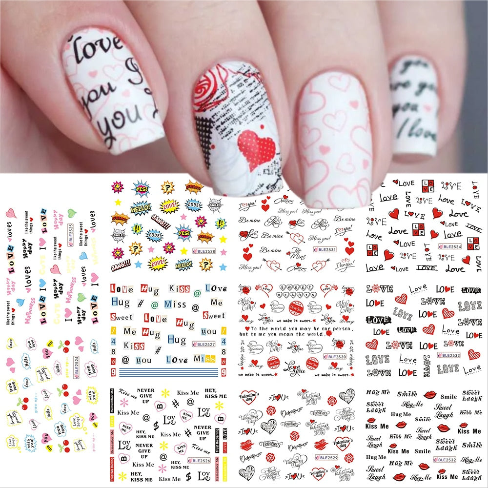 12pcs Valentines Manicure Love Letter Flower Sliders for Nails Inscriptions Nail Art Decoration Water Sticker Tips GLBN1489-1500