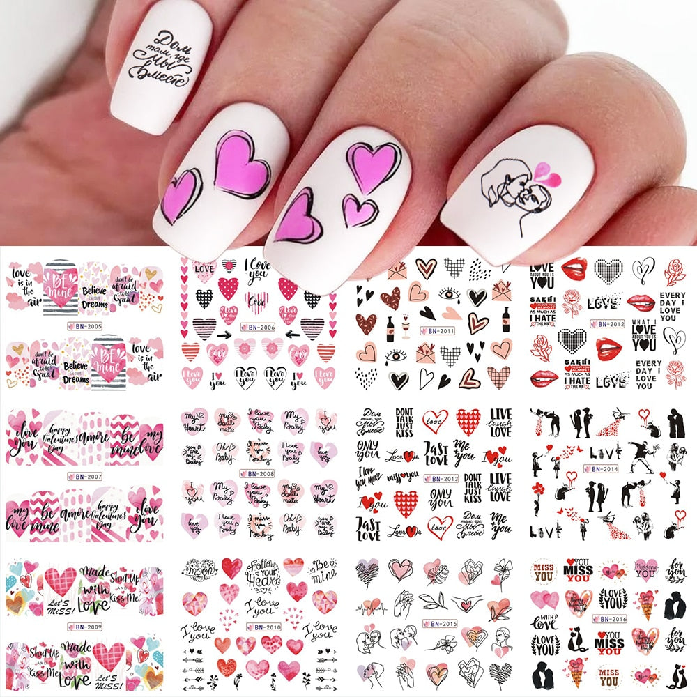 12pcs Valentines Manicure Love Letter Flower Sliders for Nails Inscriptions Nail Art Decoration Water Sticker Tips GLBN1489-1500