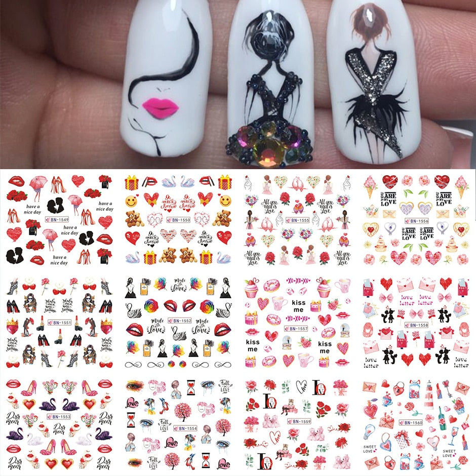 12pcs Valentines Manicure Love Letter Flower Sliders for Nails Inscriptions Nail Art Decoration Water Sticker Tips GLBN1489-1500