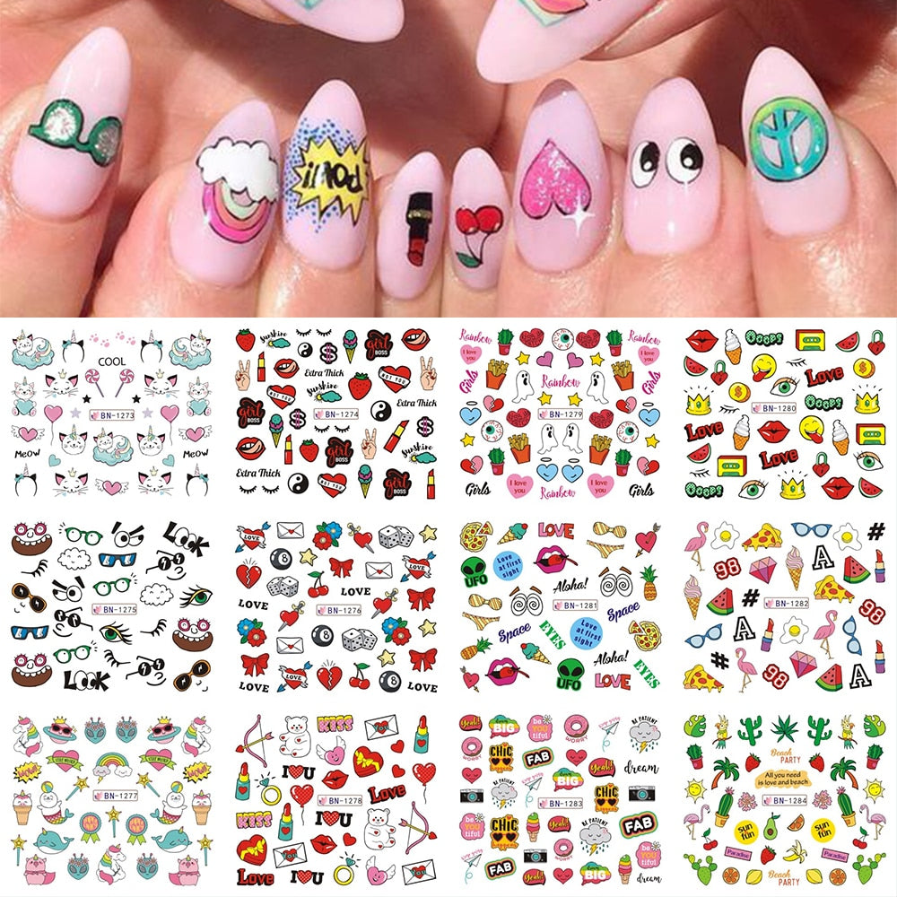 12pcs Valentines Manicure Love Letter Flower Sliders for Nails Inscriptions Nail Art Decoration Water Sticker Tips GLBN1489-1500