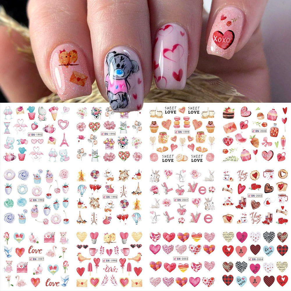 12pcs Valentines Manicure Love Letter Flower Sliders for Nails Inscriptions Nail Art Decoration Water Sticker Tips GLBN1489-1500