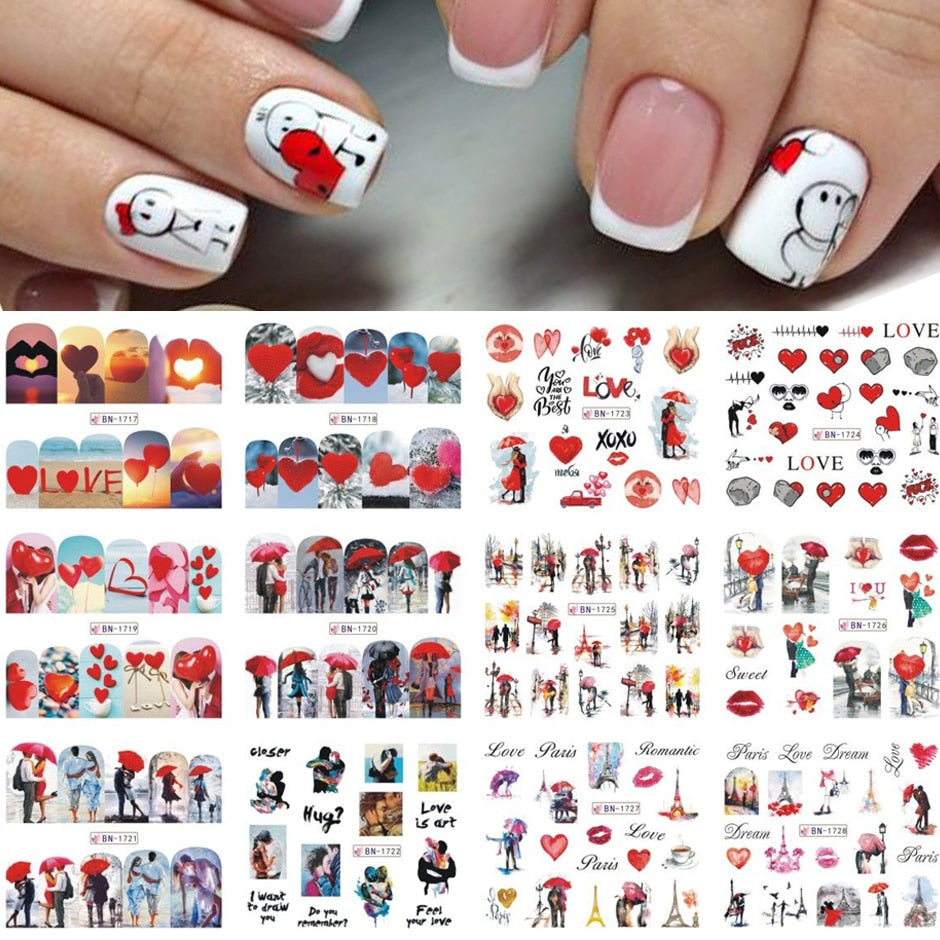 12pcs Valentines Manicure Love Letter Flower Sliders for Nails Inscriptions Nail Art Decoration Water Sticker Tips GLBN1489-1500