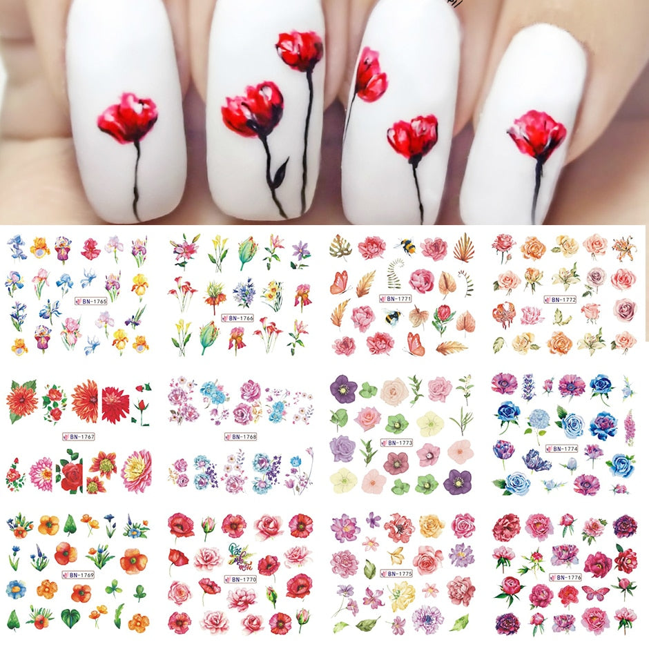 12pcs Valentines Manicure Love Letter Flower Sliders for Nails Inscriptions Nail Art Decoration Water Sticker Tips GLBN1489-1500