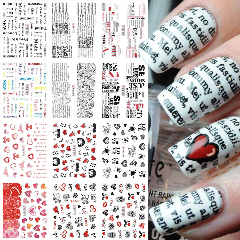 12pcs Valentines Manicure Love Letter Flower Sliders for Nails Inscriptions Nail Art Decoration Water Sticker Tips GLBN1489-1500