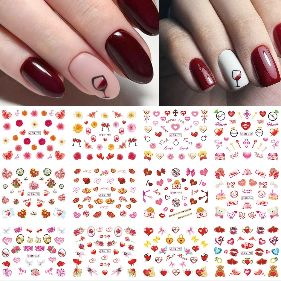 12pcs Valentines Manicure Love Letter Flower Sliders for Nails Inscriptions Nail Art Decoration Water Sticker Tips GLBN1489-1500