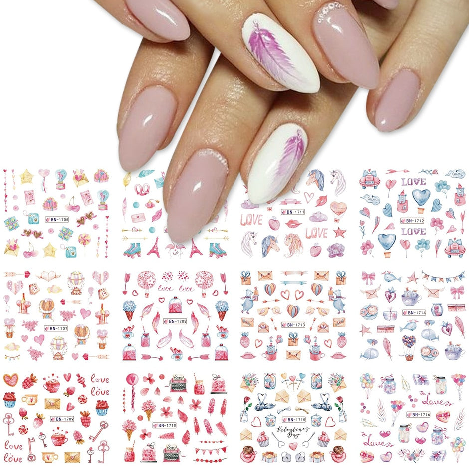 12pcs Valentines Manicure Love Letter Flower Sliders for Nails Inscriptions Nail Art Decoration Water Sticker Tips GLBN1489-1500