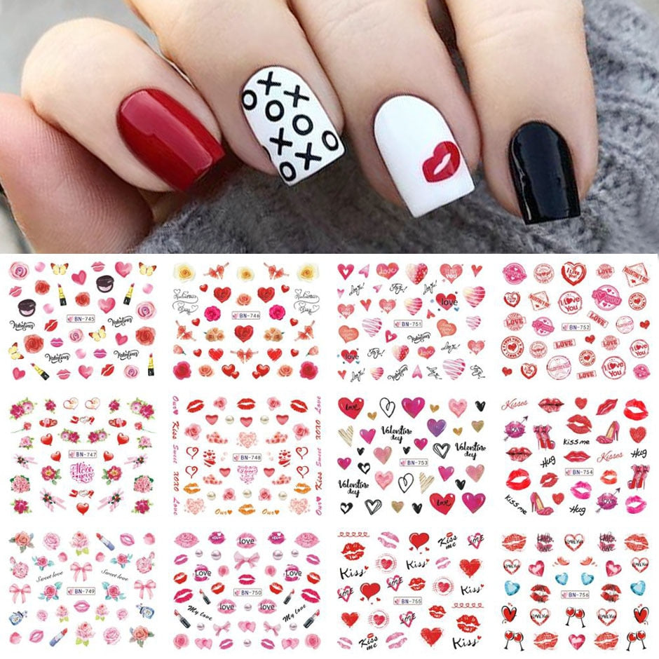 12pcs Valentines Manicure Love Letter Flower Sliders for Nails Inscriptions Nail Art Decoration Water Sticker Tips GLBN1489-1500