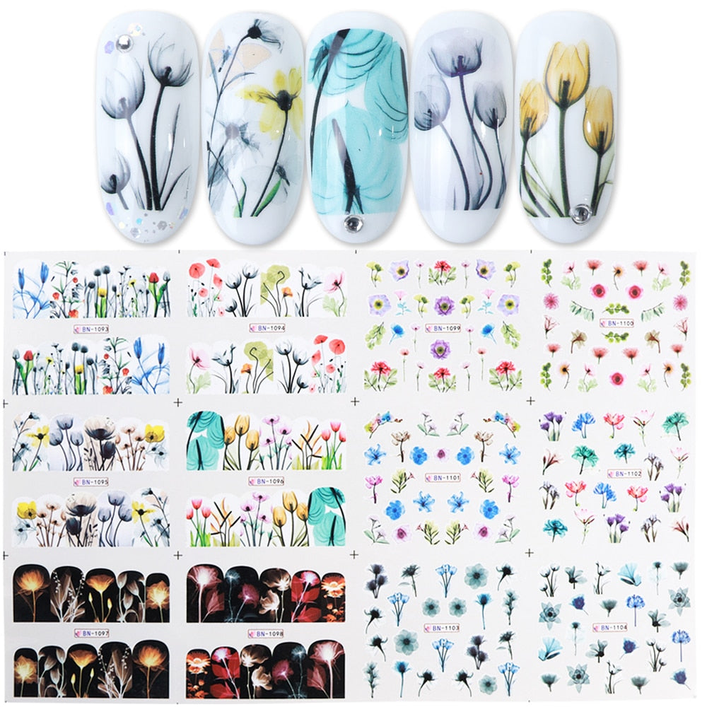 12pcs Valentines Manicure Love Letter Flower Sliders for Nails Inscriptions Nail Art Decoration Water Sticker Tips GLBN1489-1500