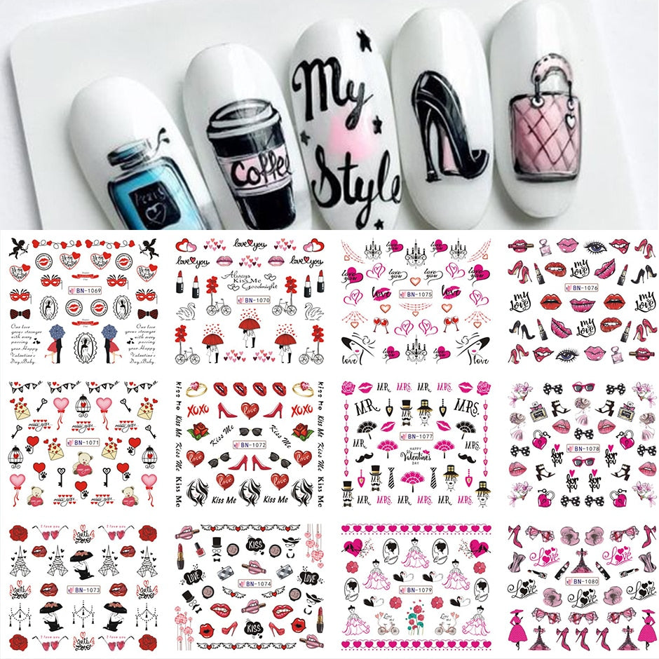 12pcs Valentines Manicure Love Letter Flower Sliders for Nails Inscriptions Nail Art Decoration Water Sticker Tips GLBN1489-1500