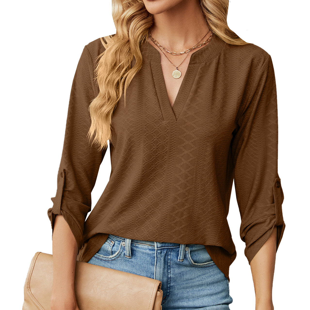 Women's V-neck Buttons Solid Color Long Sleeve Loose-fitting T-shirt Top