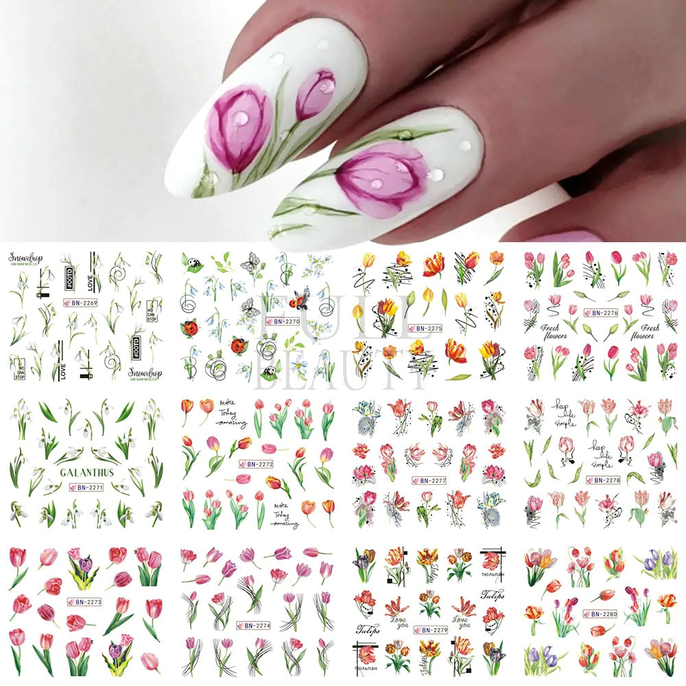 12pcs Valentines Manicure Love Letter Flower Sliders for Nails Inscriptions Nail Art Decoration Water Sticker Tips GLBN1489-1500