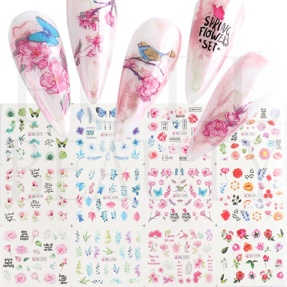 12pcs Valentines Manicure Love Letter Flower Sliders for Nails Inscriptions Nail Art Decoration Water Sticker Tips GLBN1489-1500