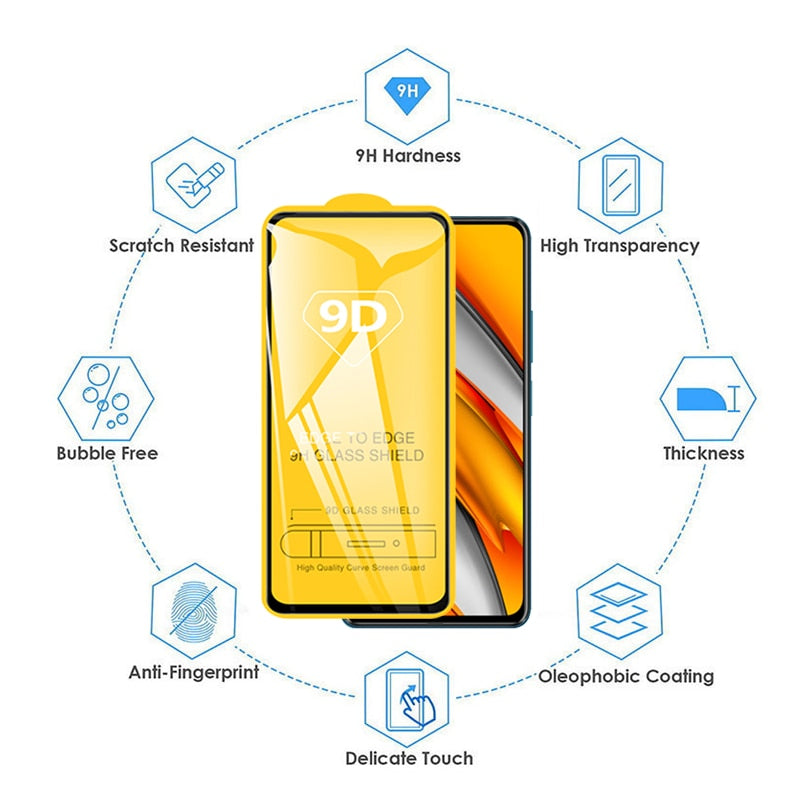 9D Schutzglas für Xiaomi Redmi Note 10 8 9 Pro 11 11s 9s 10s 5G Displayschutzfolien für Poco X3 Pro NFC F3 M3 M4 F4 Gt Glas