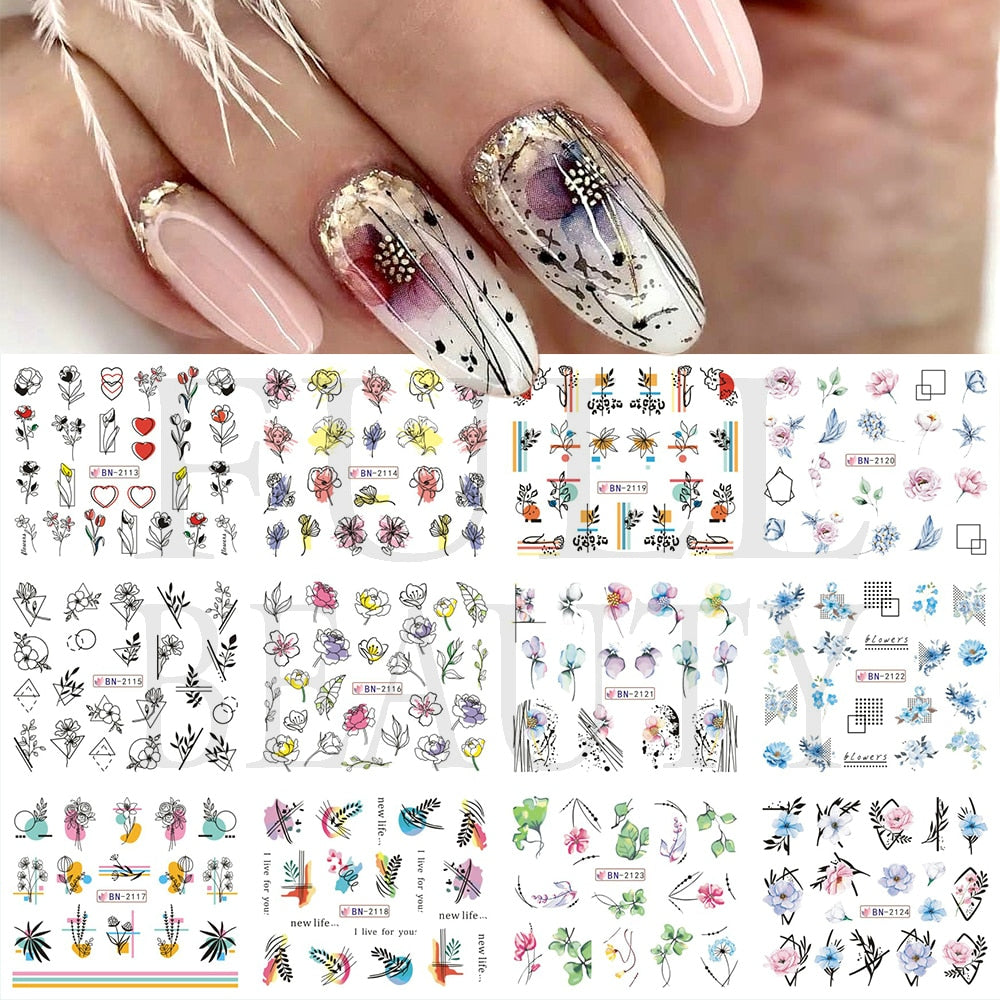 12pcs Valentines Manicure Love Letter Flower Sliders for Nails Inscriptions Nail Art Decoration Water Sticker Tips GLBN1489-1500