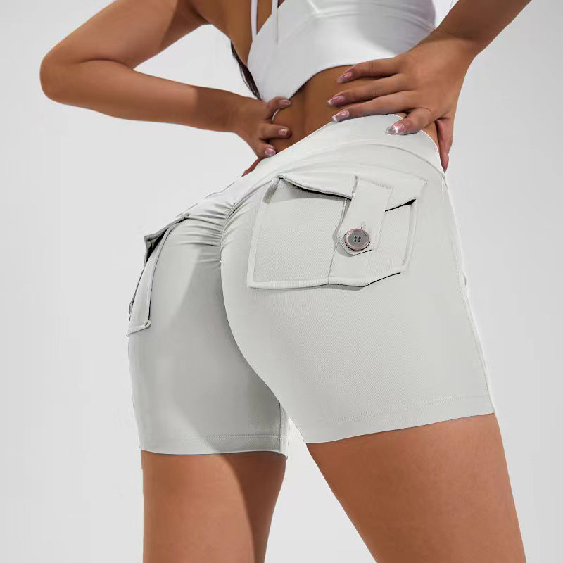 Hohe Taille Hüftheben Shorts mit Taschen Quick Dry Yoga Fitness Sport Hosen Sommer Frauen Kleidung