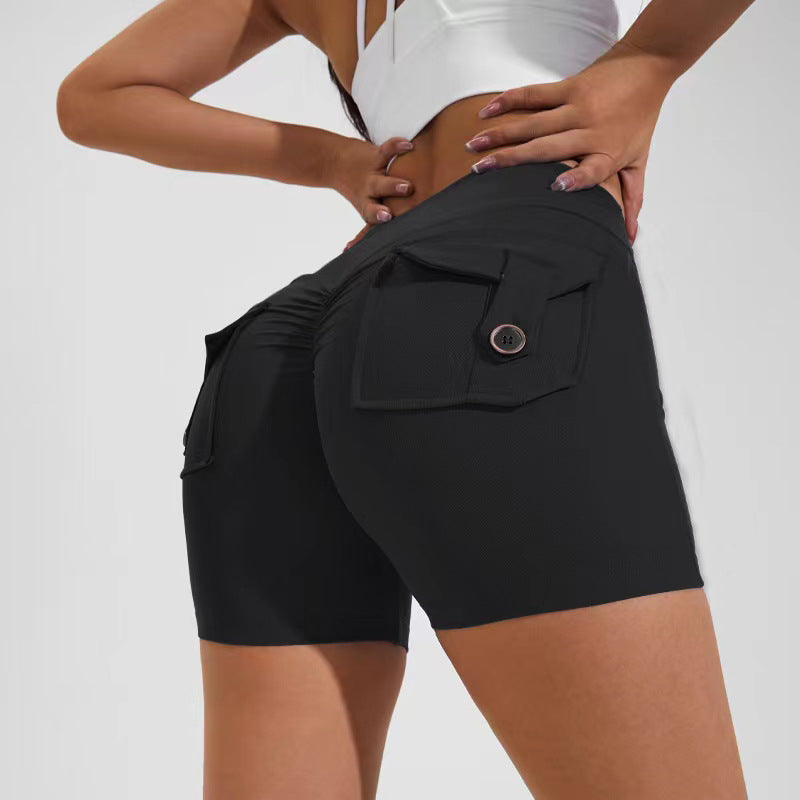 Hohe Taille Hüftheben Shorts mit Taschen Quick Dry Yoga Fitness Sport Hosen Sommer Frauen Kleidung