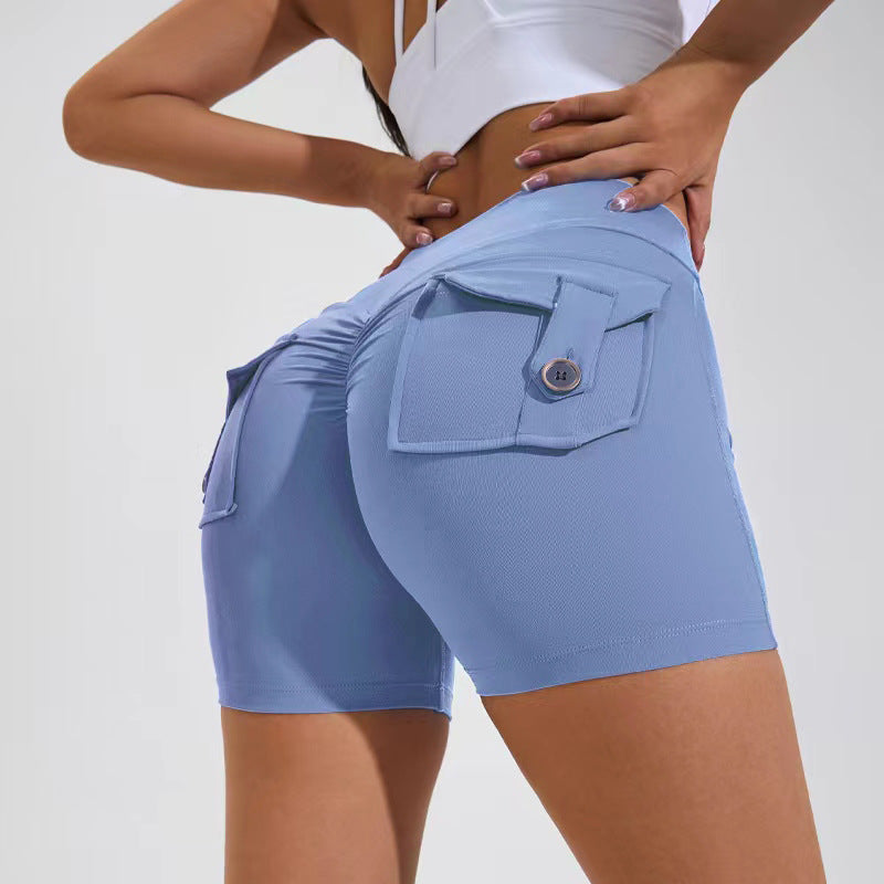 Hohe Taille Hüftheben Shorts mit Taschen Quick Dry Yoga Fitness Sport Hosen Sommer Frauen Kleidung