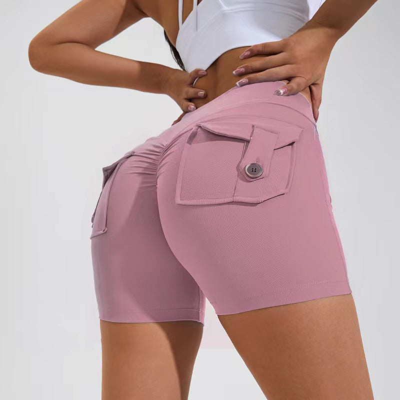 Hohe Taille Hüftheben Shorts mit Taschen Quick Dry Yoga Fitness Sport Hosen Sommer Frauen Kleidung