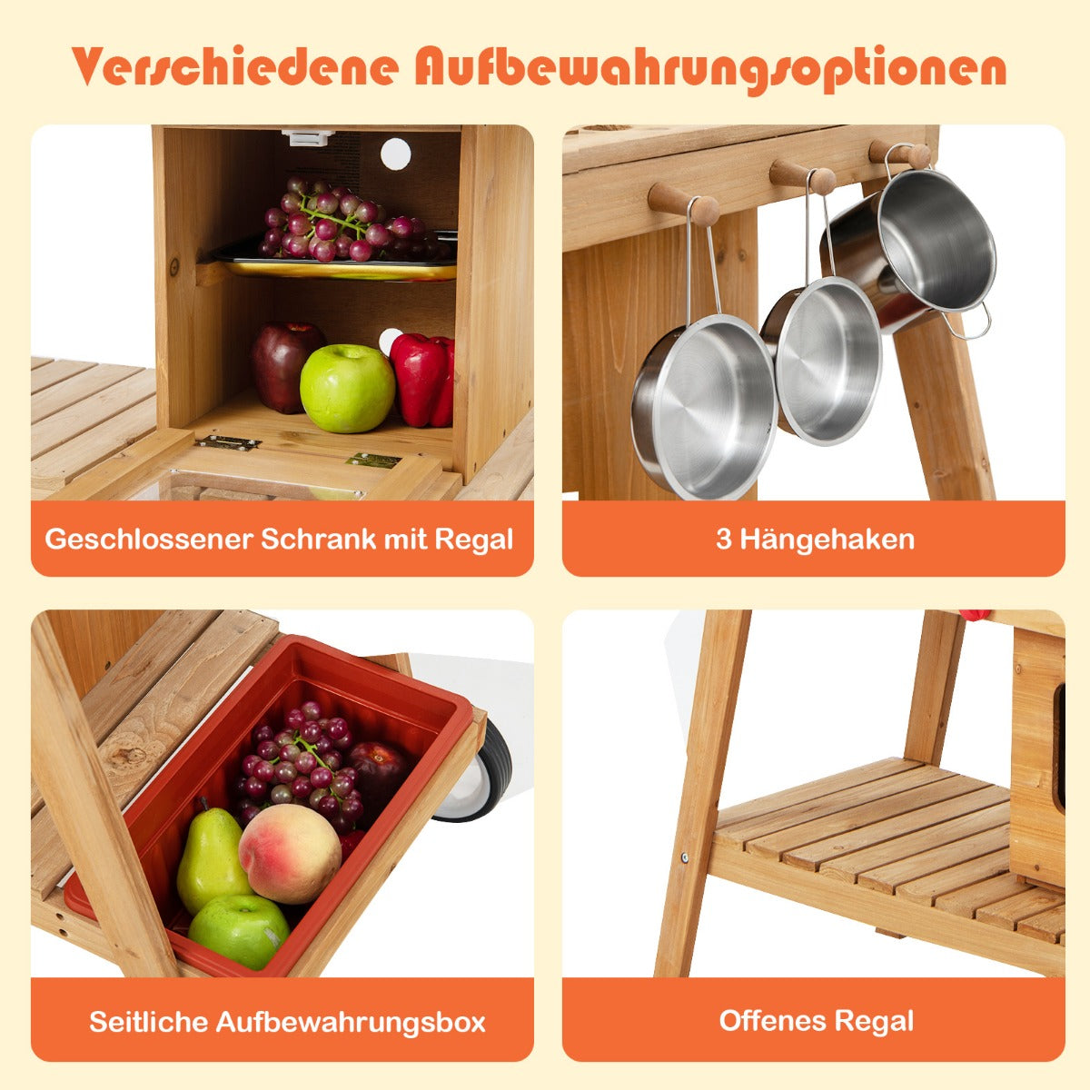 Outdoor-Spielzeugtrolley für Kinder Holzspielzeugwagen mit Sonnenschirm Natur