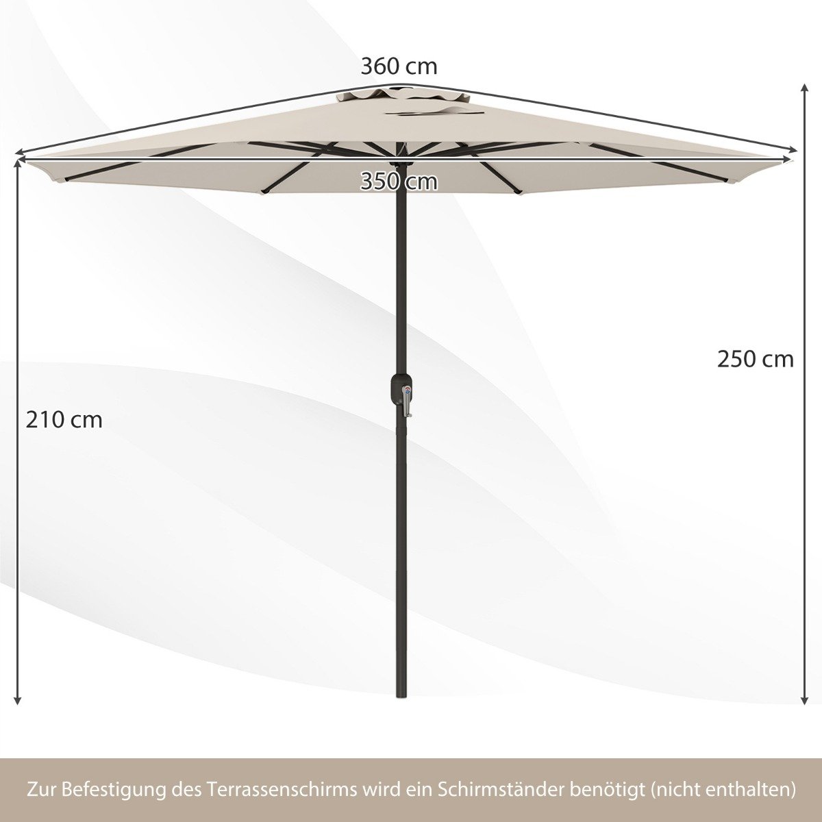 Sonnenschirm 350 cm großer Gartenschirm mit Kurbel Terrassenschirm mit 8 Rippen Beige